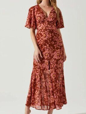 ASTR Women's Floral-Print Flutter-Sleeve Kenzie Dress -- Size large (L)